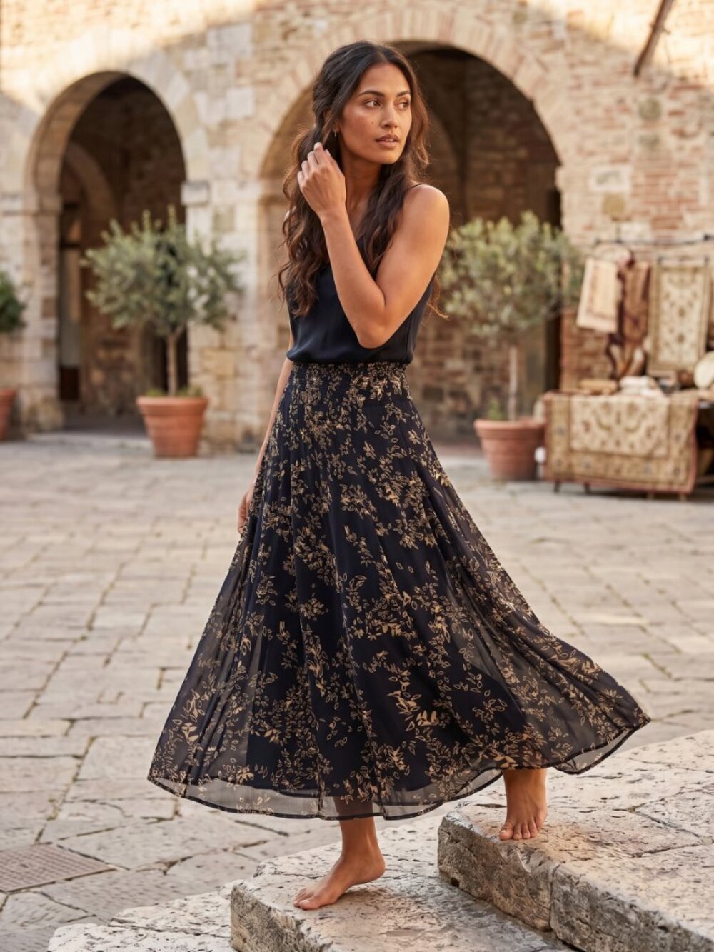 Lapis Black Maxi Skirt with Gold Floral Print